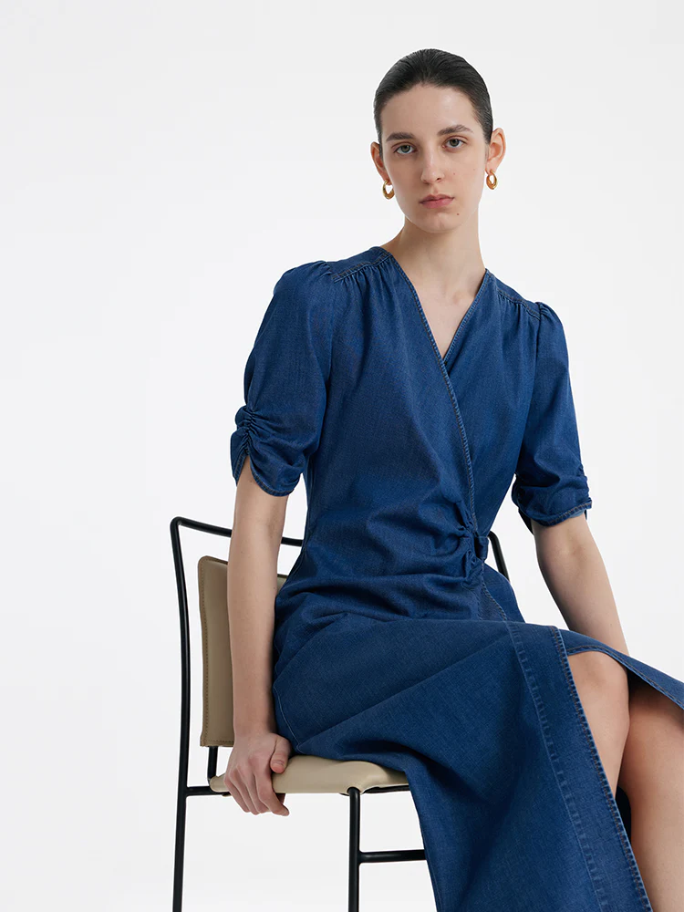 Denim V-Neck Twist Waist Women Midi Dress - Image 9