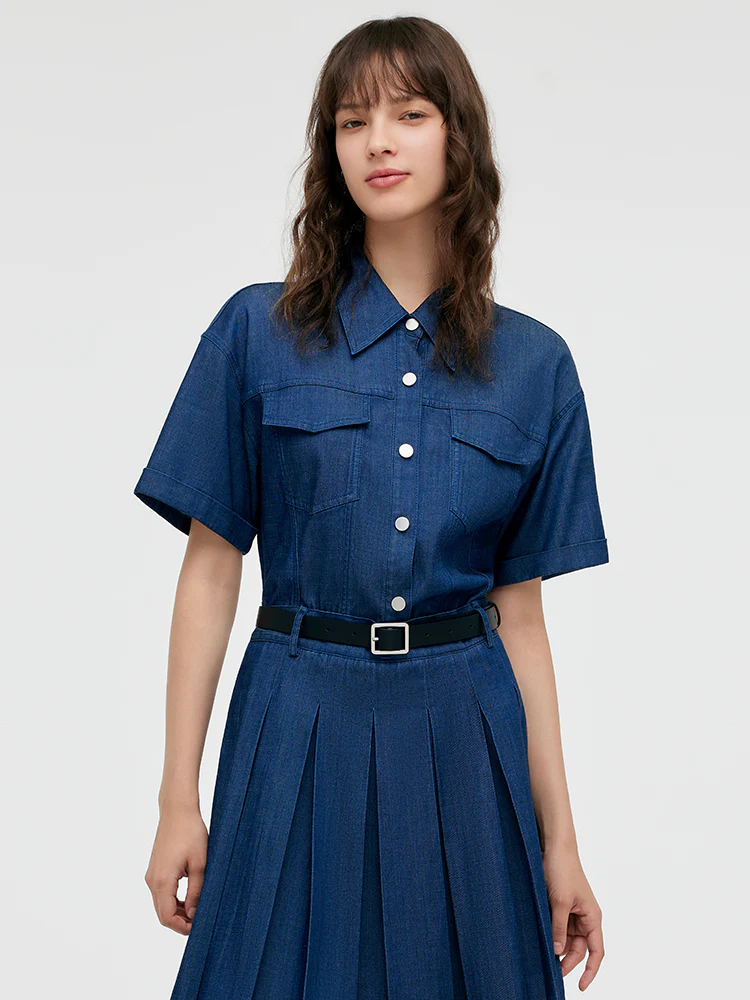 Double-Layer Denim Women Mini Dress With Belt - Image 7