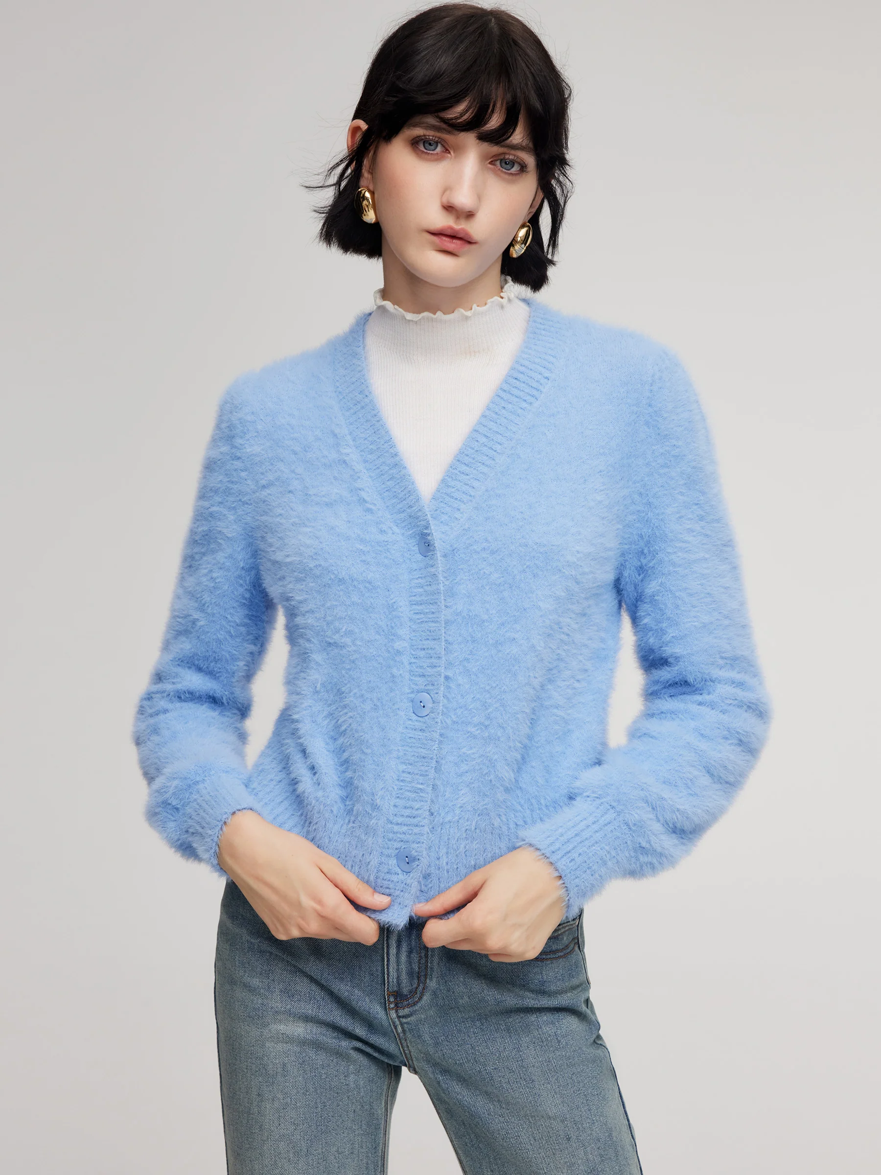 Faux Mink V-Neck Women Cardigan - Image 4
