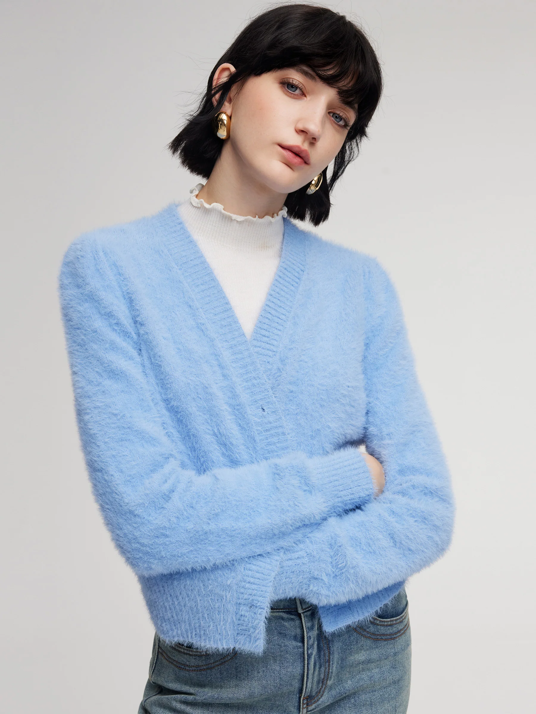 Faux Mink V-Neck Women Cardigan - Image 5