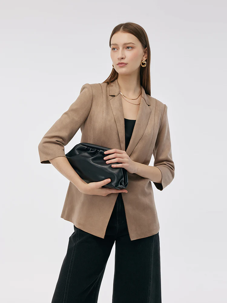 Faux Suede One Button 3/4 Sleeve Women Blazer