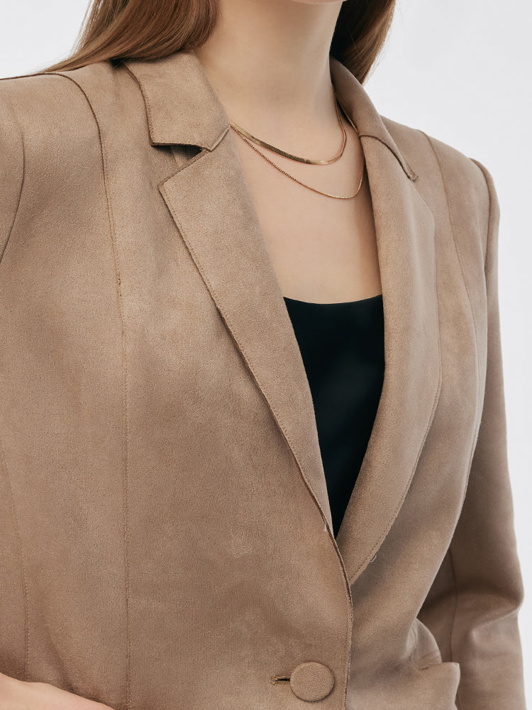 Faux Suede One Button 3/4 Sleeve Women Blazer - Image 6