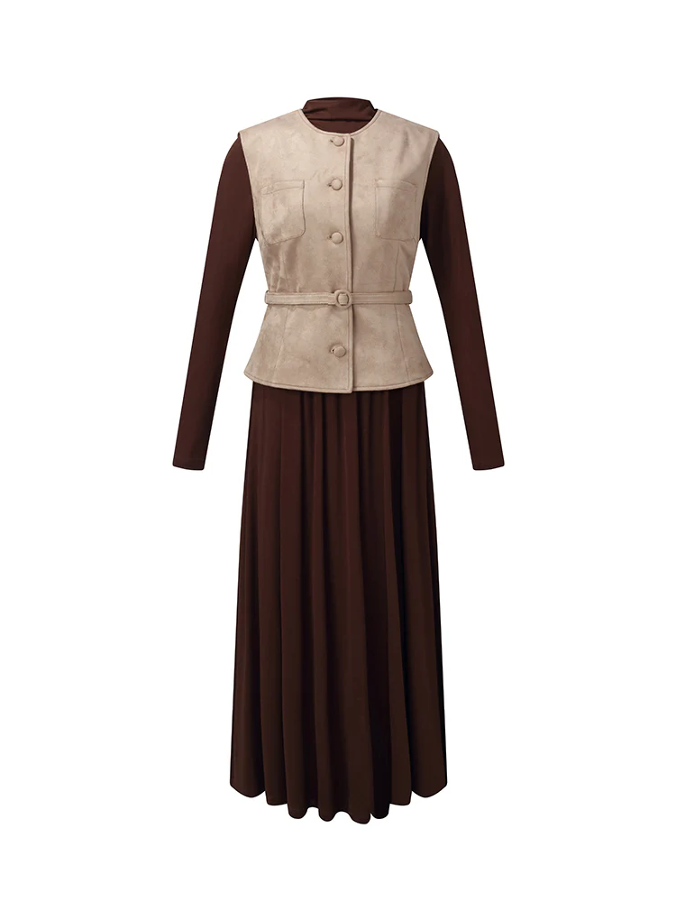 Faux Suede Vest And Knit Dress Two-Piece Set With Belt - Image 7