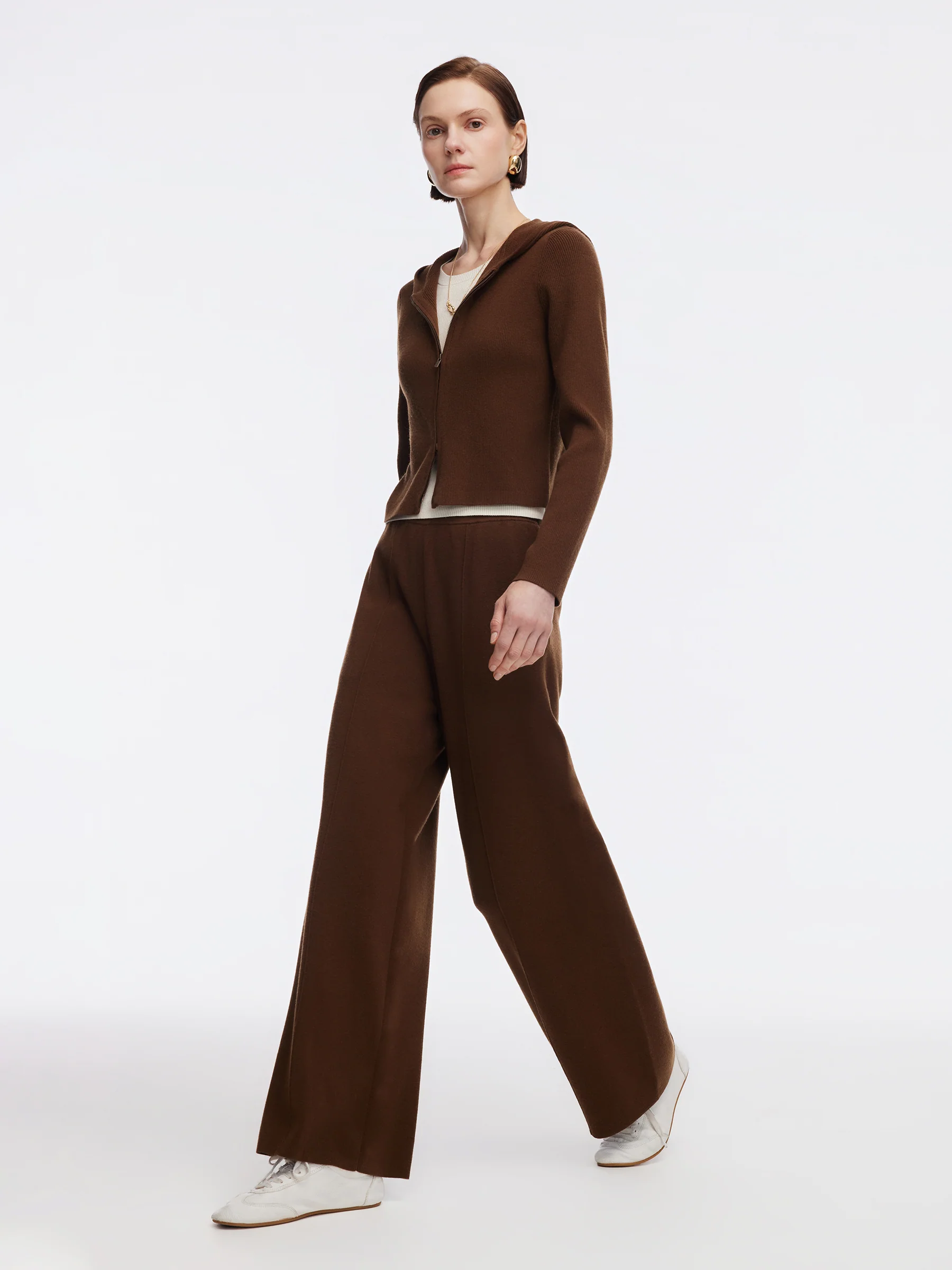 Tencel Wool Blend Faux-Layered Zip-Up Knit Top And Pants Two-Piece Set - Image 2