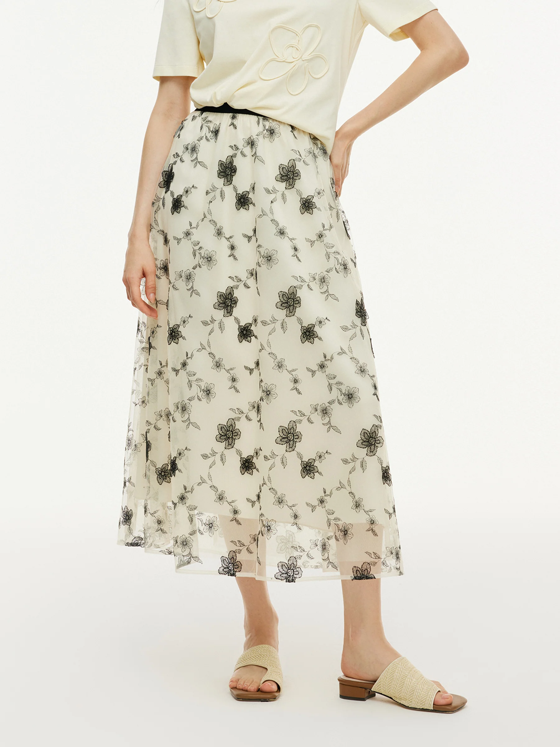 Floral Embroidered Women Elastic Waist Mesh Skirt