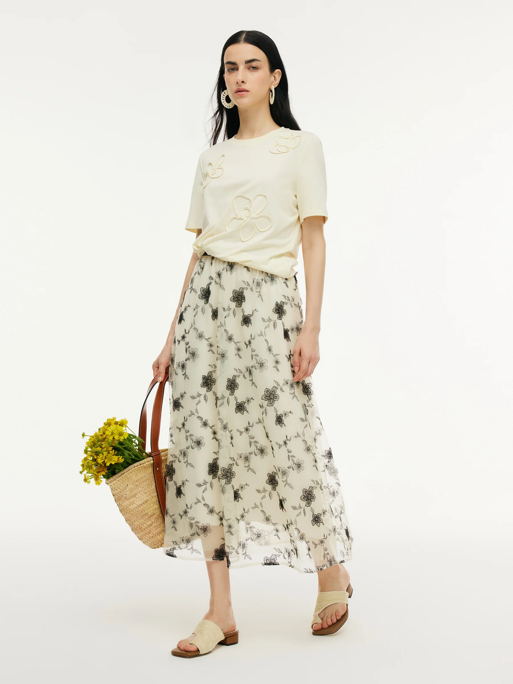 Floral Embroidered Women Elastic Waist Mesh Skirt - Image 4