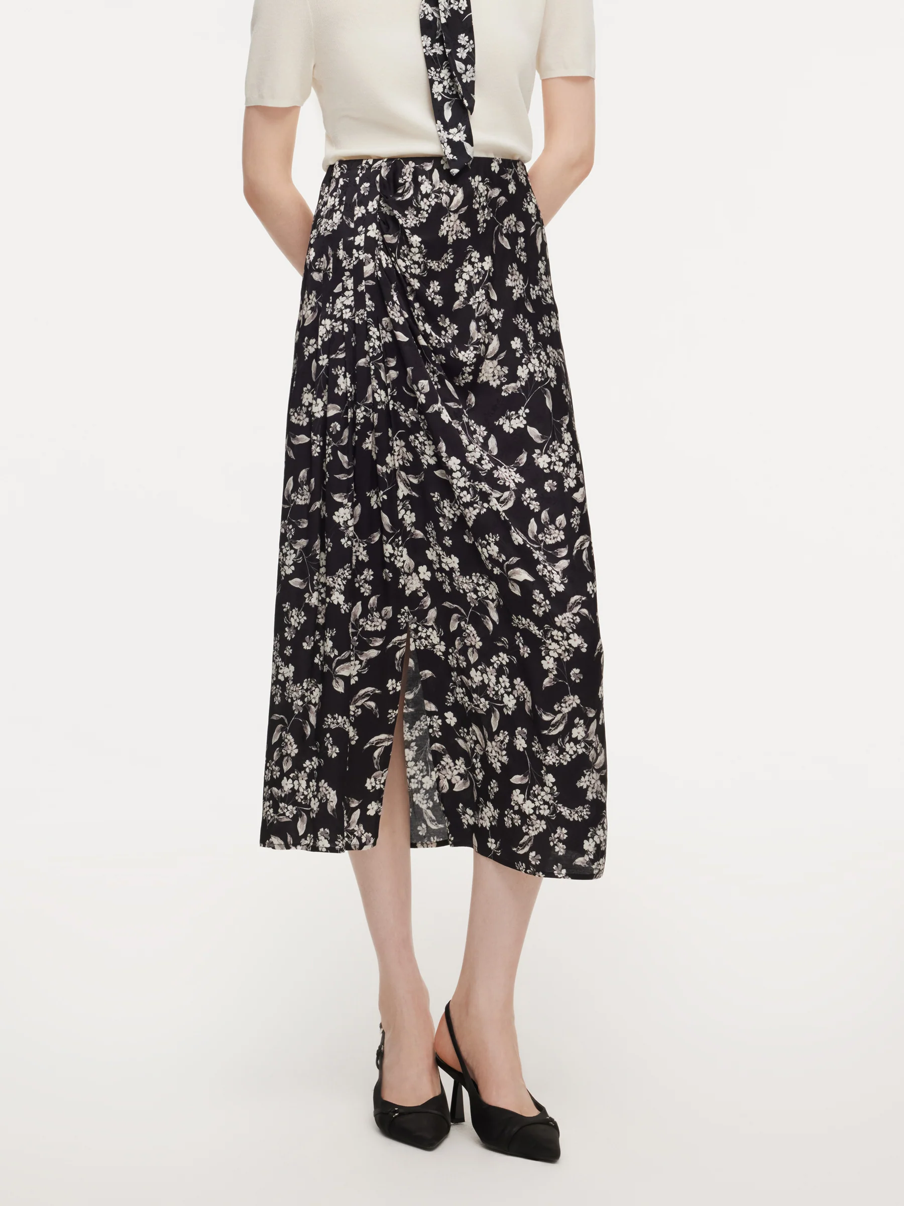 Floral Print Side Slit Twist Front Women H-Line Skirt
