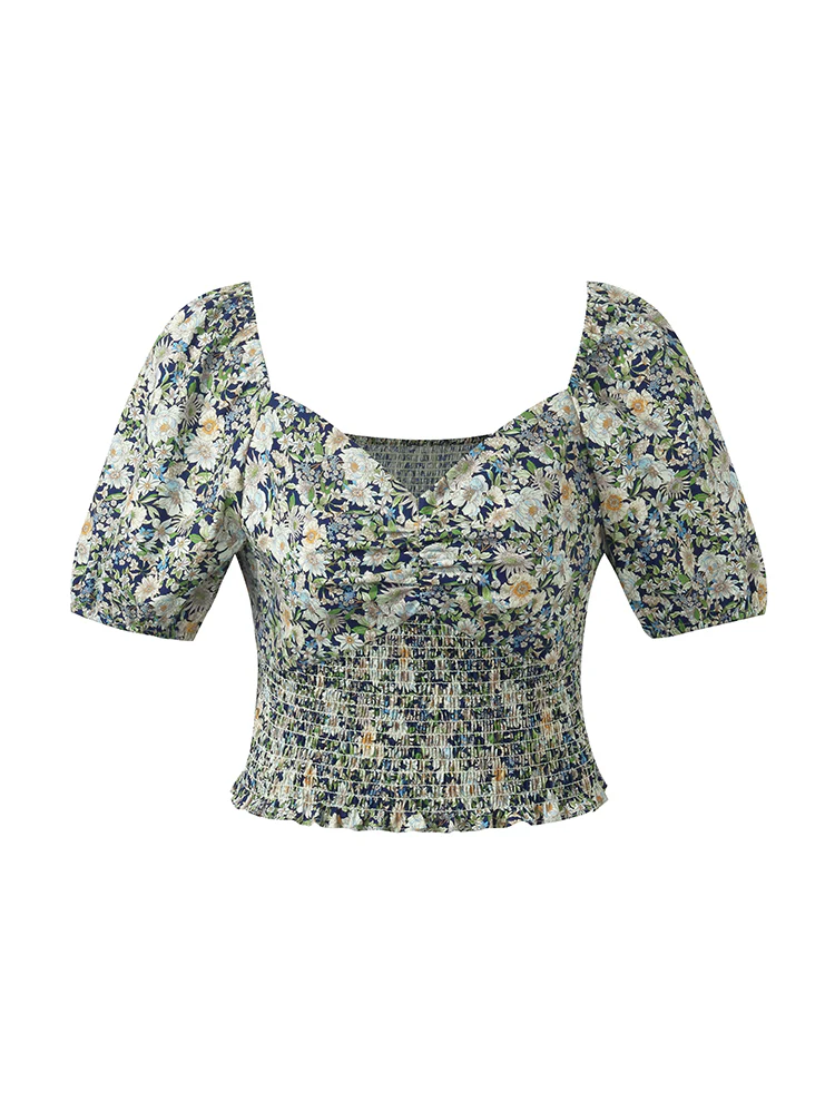 Floral Print Square Neck Puff Sleeves Women Blouse - Image 10