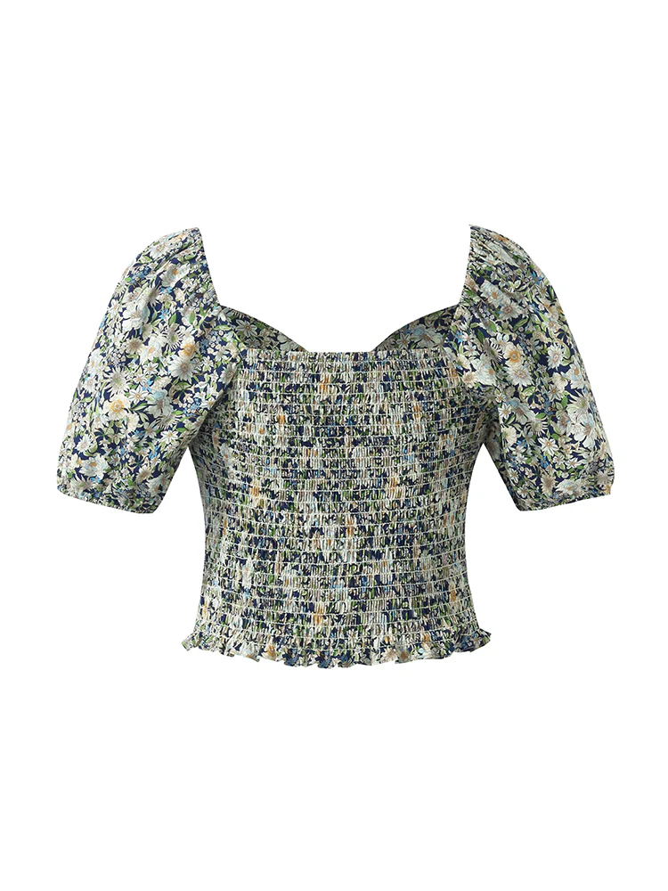 Floral Print Square Neck Puff Sleeves Women Blouse - Image 11