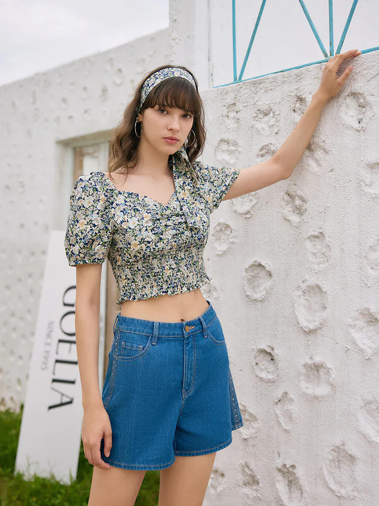 Floral Print Square Neck Puff Sleeves Women Blouse - Image 4