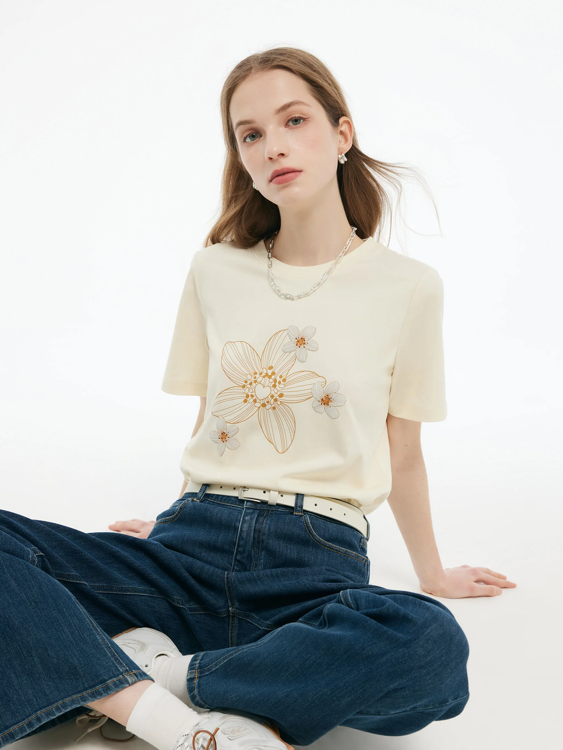 Flower Print Women Knit T-Shirt