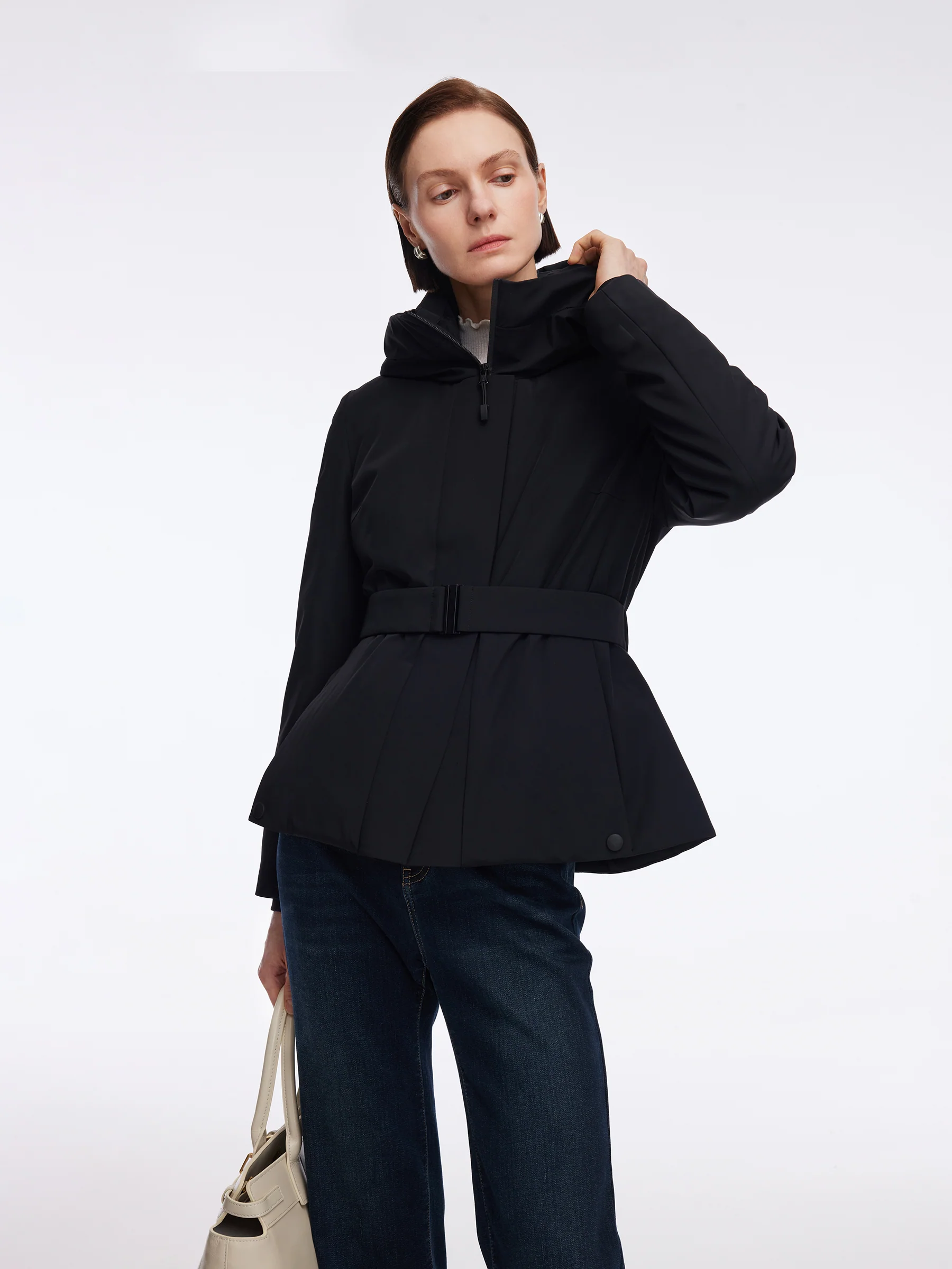 Gathered Waist Hooded Goose Down Jacket With Belt - Image 4