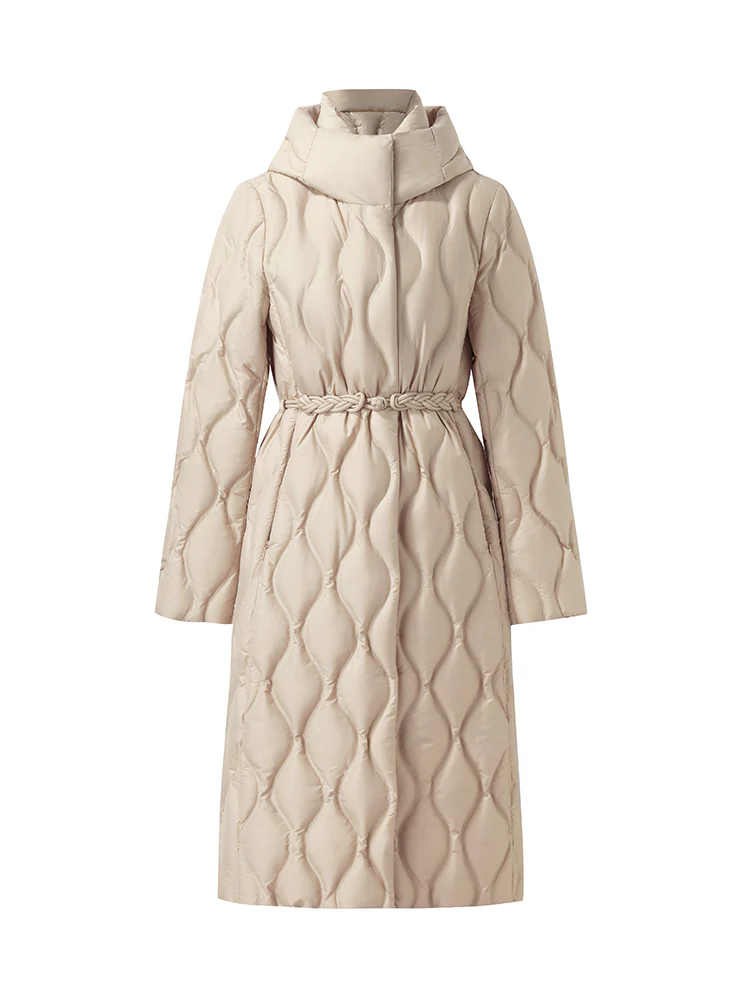 Gathered Waist Long Goose Down Coat With Belt - Image 7