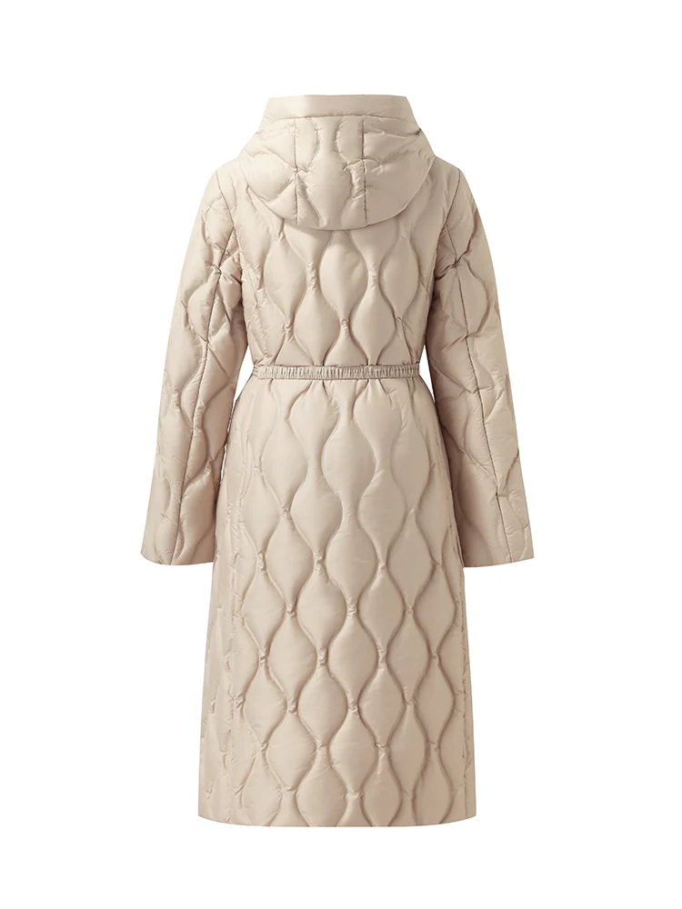 Gathered Waist Long Goose Down Coat With Belt - Image 8