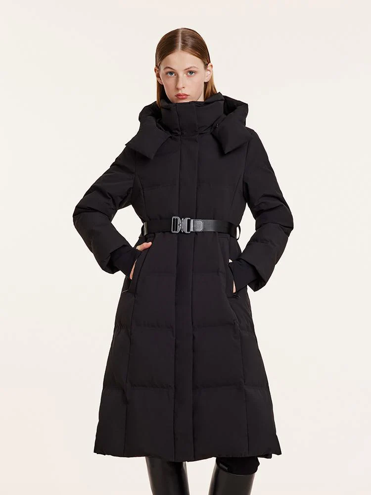 Hooded Gathered Waist Long Goose Down Garment With Belt - Image 5
