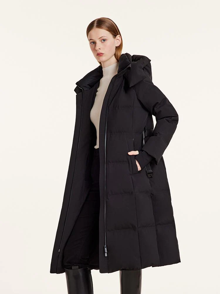 Hooded Gathered Waist Long Goose Down Garment With Belt - Image 7