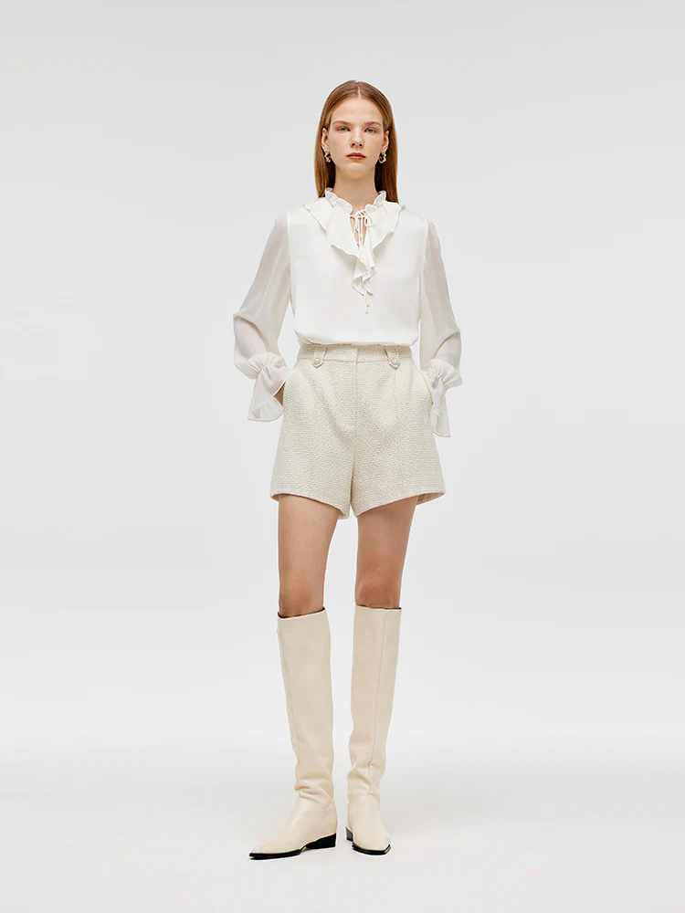 Ivory White Tweed A-Line Women Shorts - Image 2