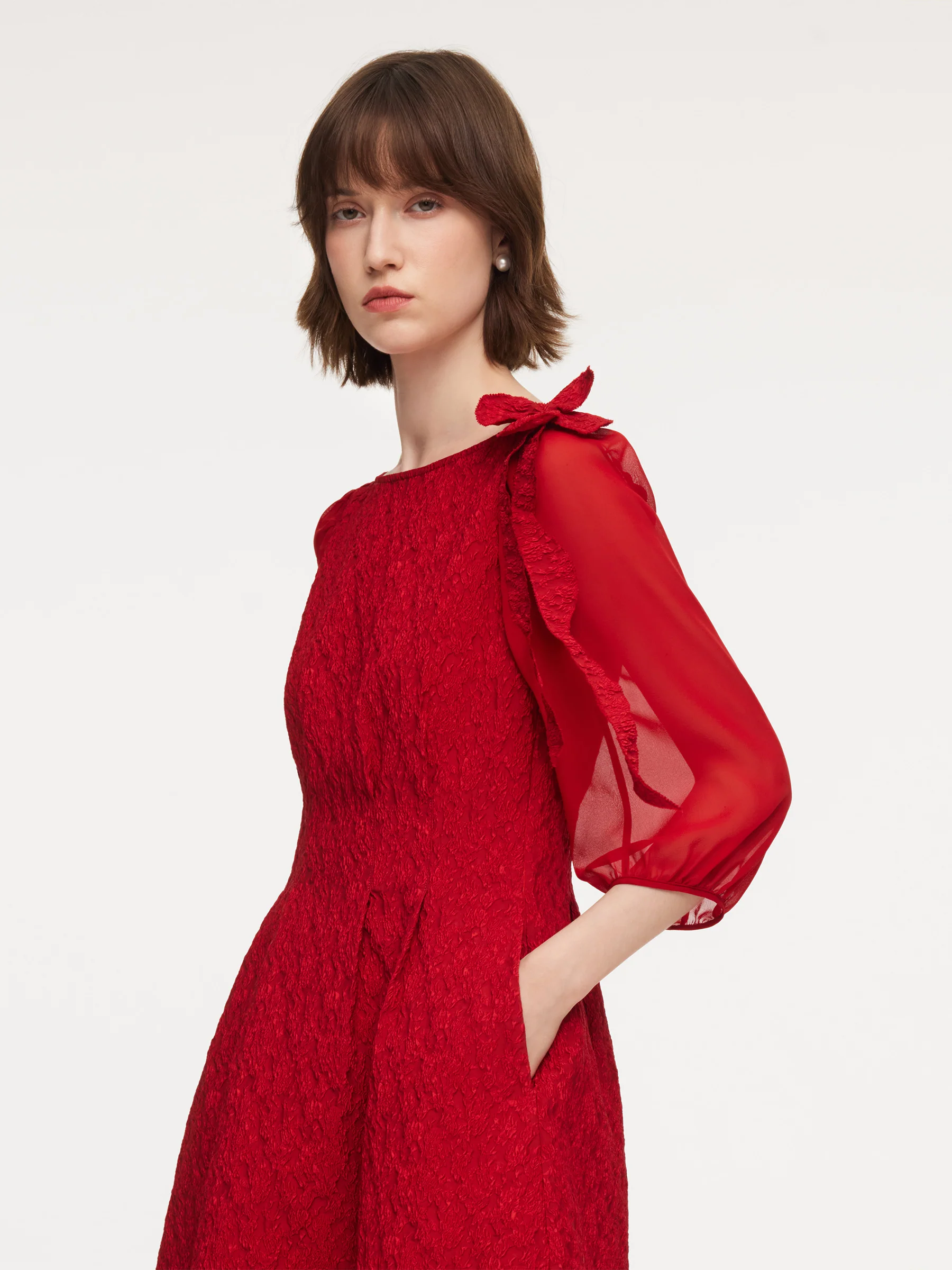 Chili Red Jacquard Boat Neck Women Midi Dress With Detachable Flower - Image 5