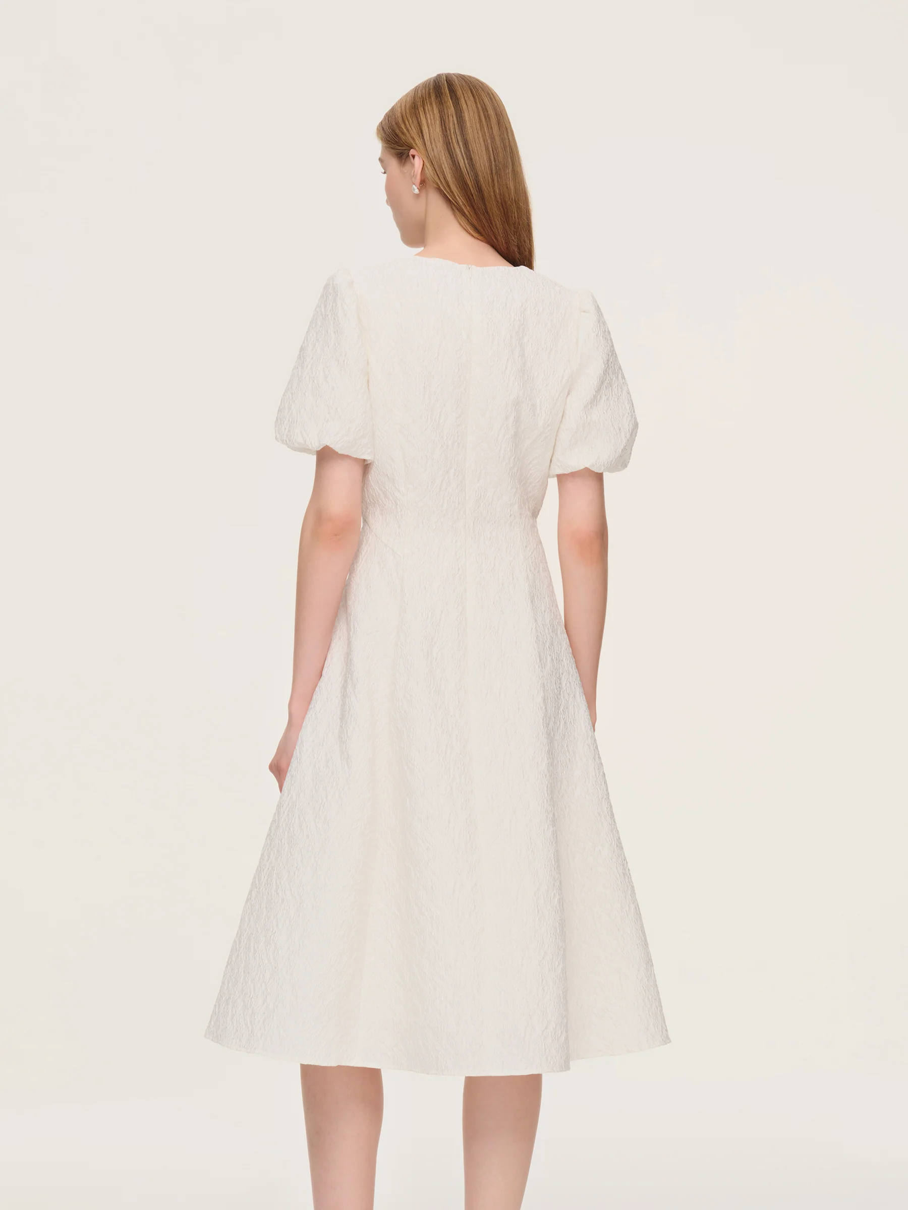 Jacquard Puff Sleeve Women Midi Dress - Image 3