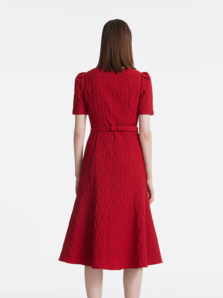 Jacquard Square Neck Single-Breasted Women Midi Dress With Belt - Image 5