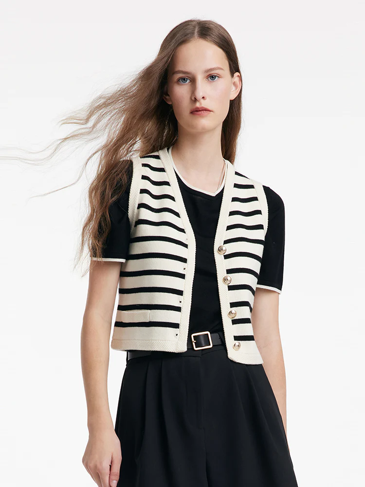 Knit Striped V-Neck Vest Cardigan - Image 6