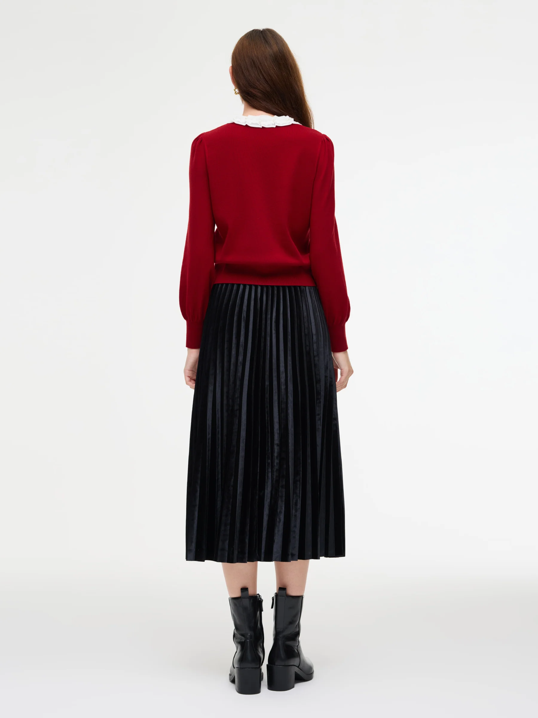 Knit Top And Velvet Pleated Skirt Two-Piece Set With Detachable Ribbon - Image 3