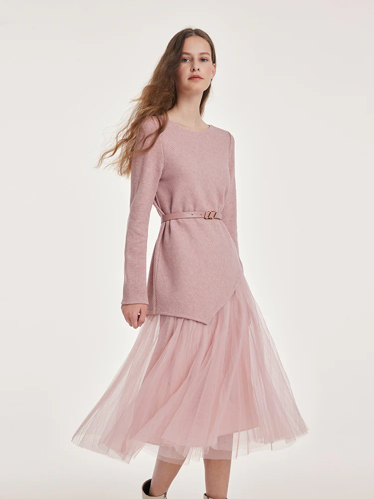 Asymmetrical Hem Top And Tulle Women Skirt With Belt Two-Piece Set - Image 10