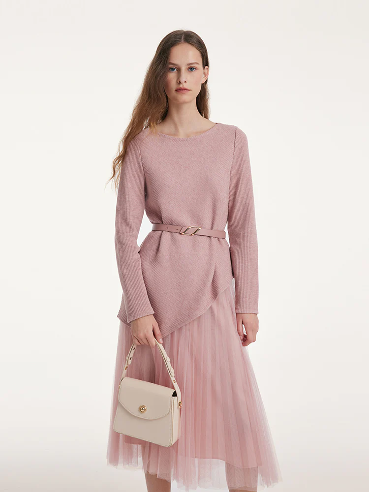 Asymmetrical Hem Top And Tulle Women Skirt With Belt Two-Piece Set - Image 11