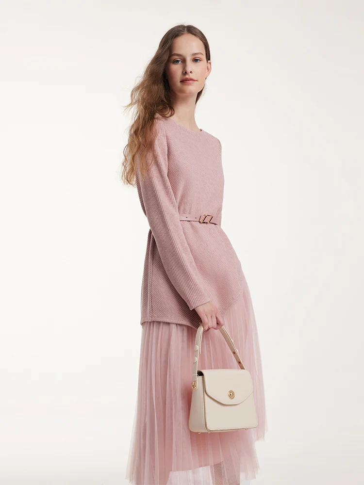 Asymmetrical Hem Top And Tulle Women Skirt With Belt Two-Piece Set - Image 14