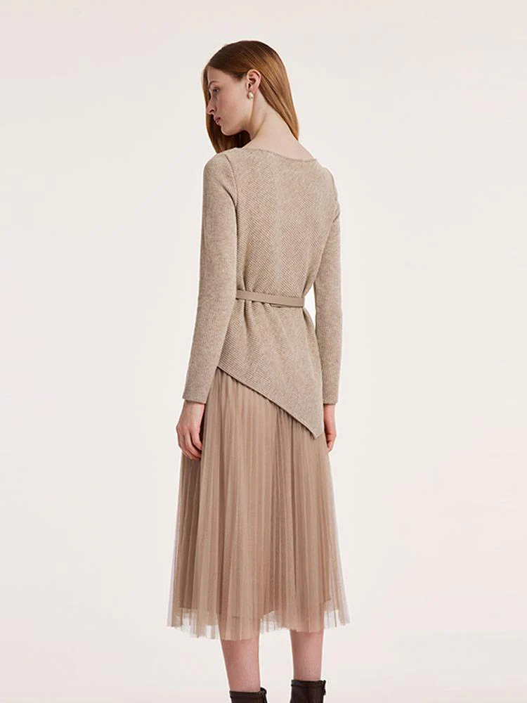 Asymmetrical Hem Top And Tulle Women Skirt With Belt Two-Piece Set - Image 4
