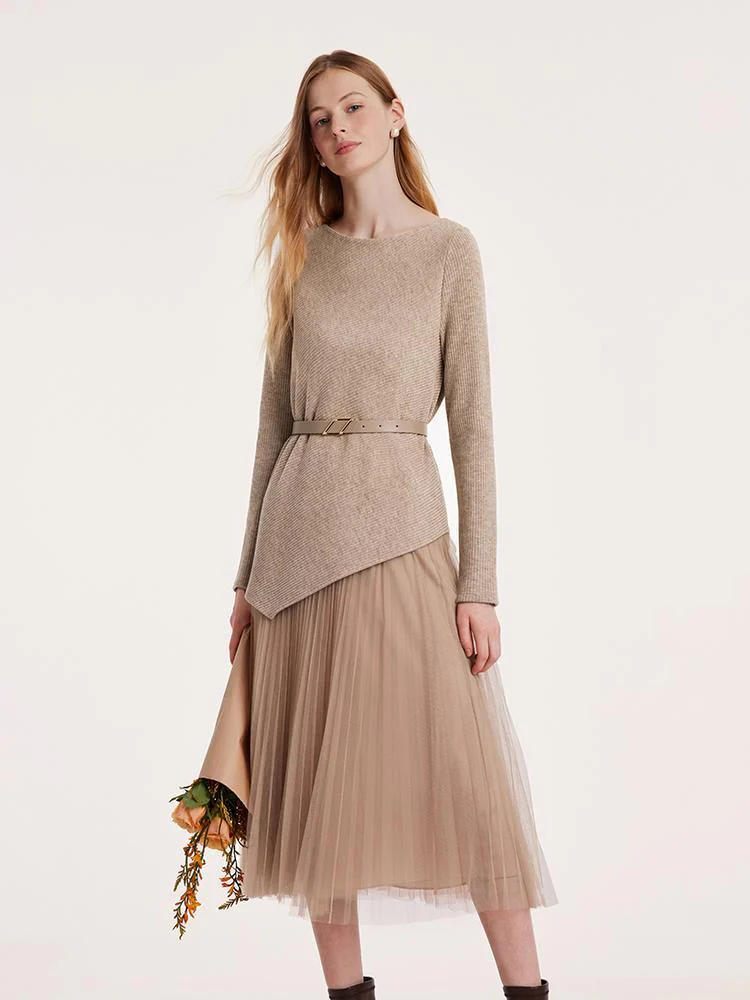 Asymmetrical Hem Top And Tulle Women Skirt With Belt Two-Piece Set - Image 5