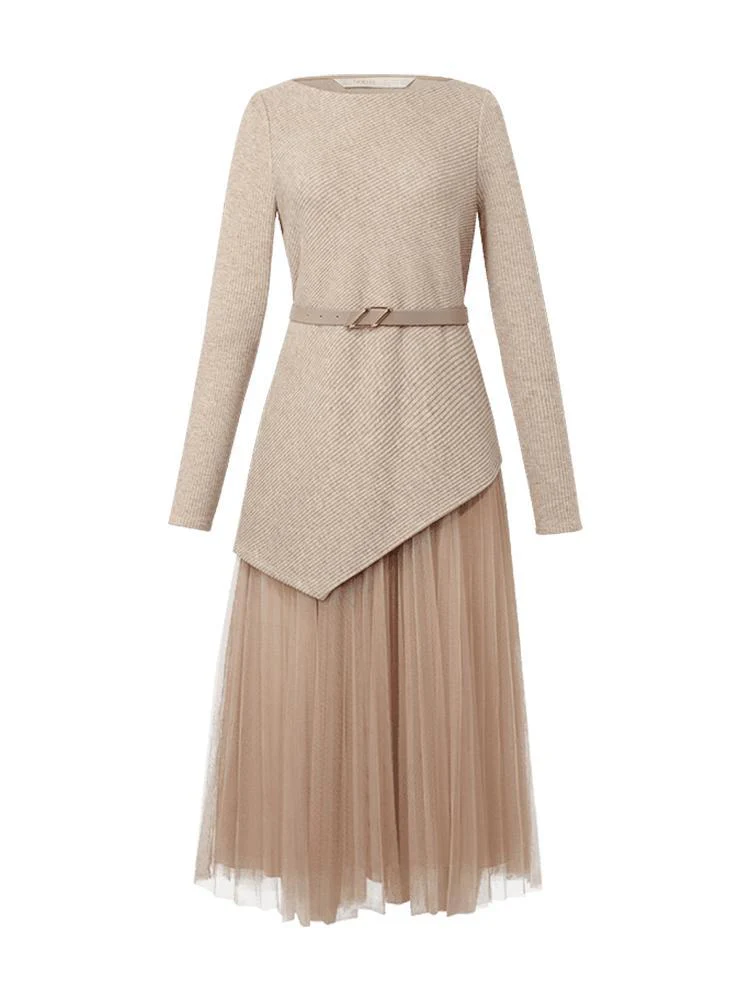 Asymmetrical Hem Top And Tulle Women Skirt With Belt Two-Piece Set - Image 6