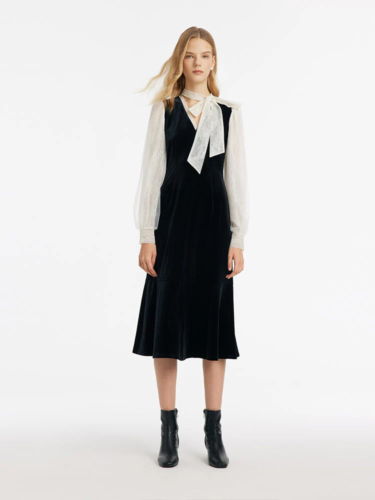 Lace Patchwork Velvet Women Midi Dress - Image 5