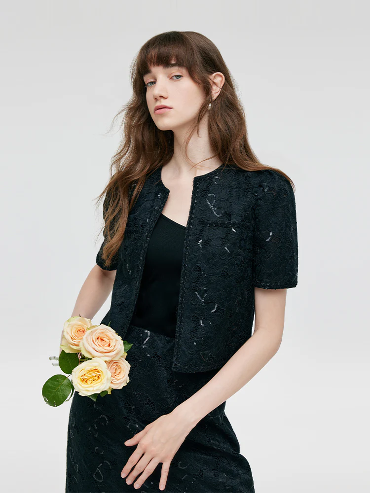 Lace Sequins Crop Jacket And Slit Skirt Two-Piece Set - Image 5