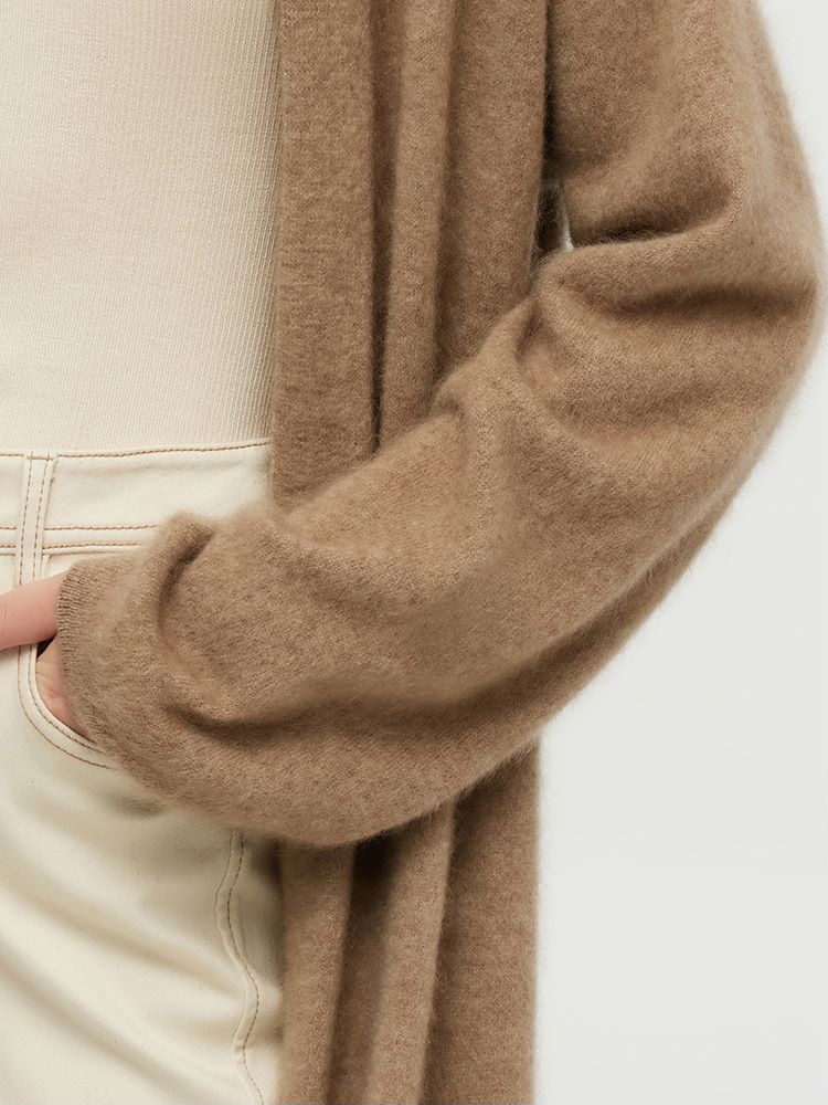 Light Camel Brushed Cashmere Long Women Cardigan - Image 6