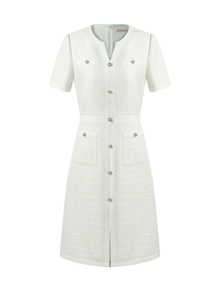 Gathered Waist Single-Breasted Sequins Tweed Mini Dress With Patch Pockets - Image 12