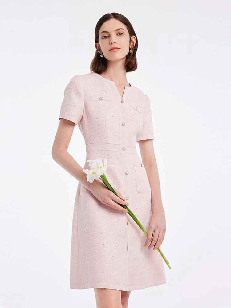 Gathered Waist Single-Breasted Sequins Tweed Mini Dress With Patch Pockets - Image 2