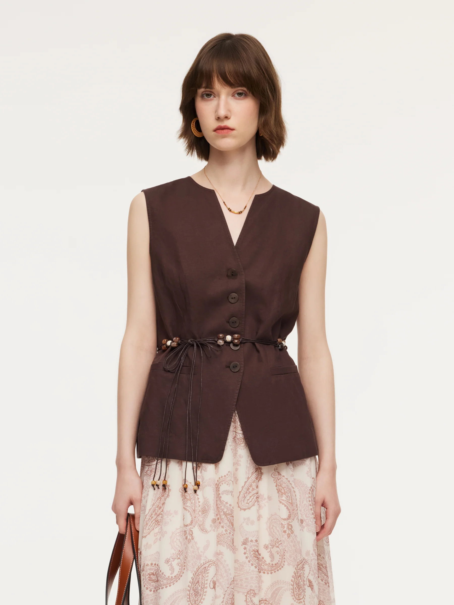Linen Blend X-Line V-Neck Women Vest