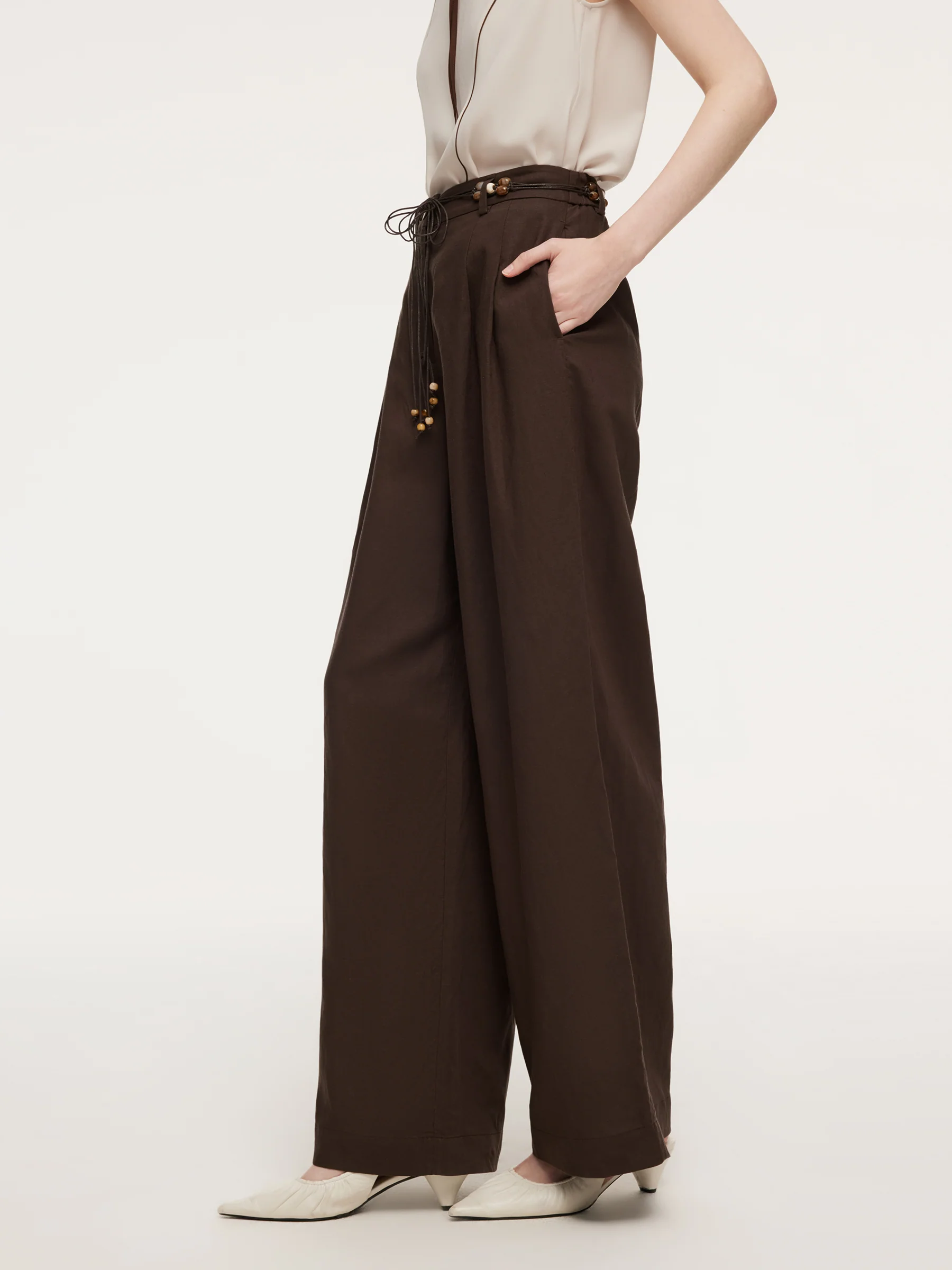 Linen Blend Women Wide Leg Pants With Tie String Belt - Image 5