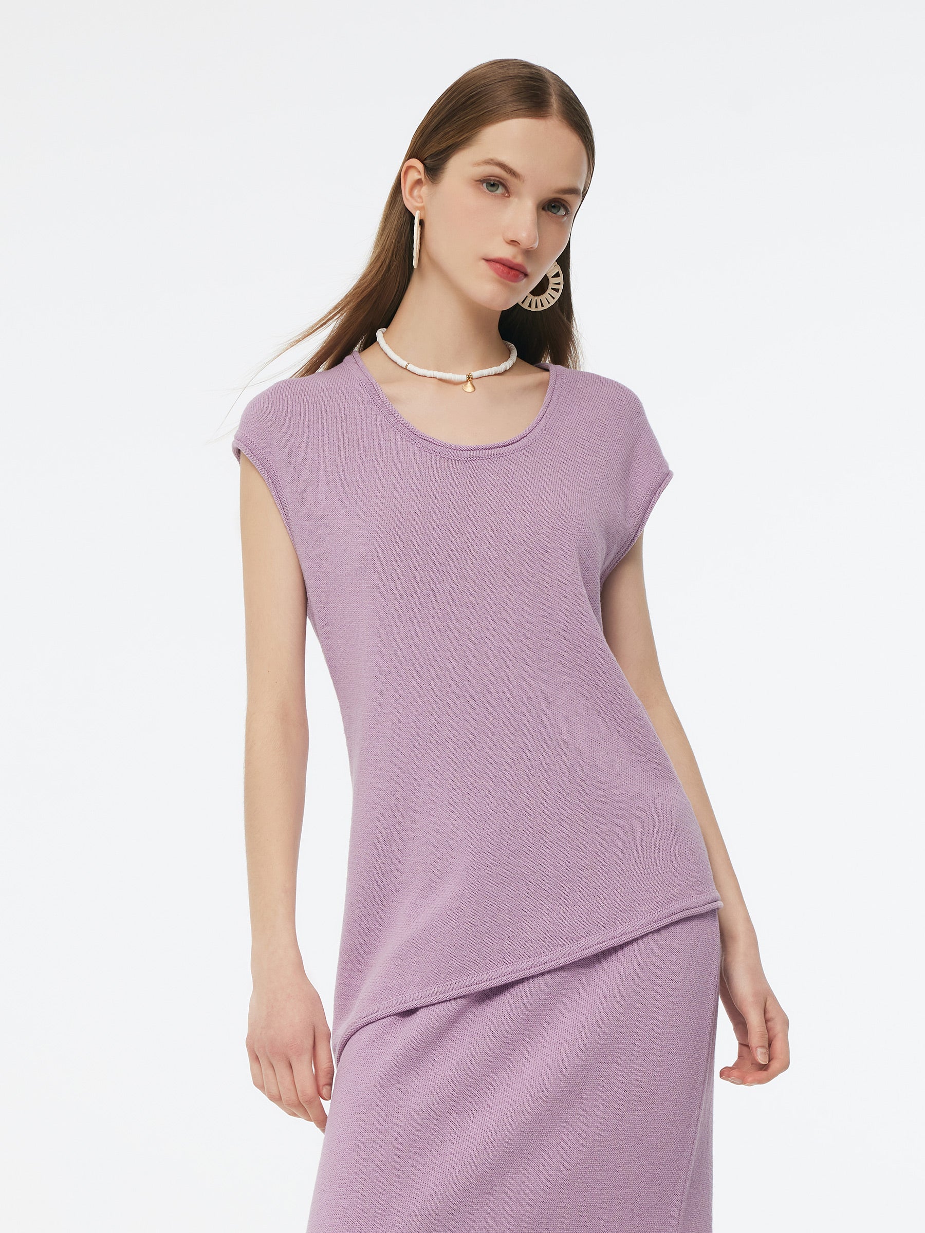 Linen Cotton Blend Asymmetric Hem Women Knit Top