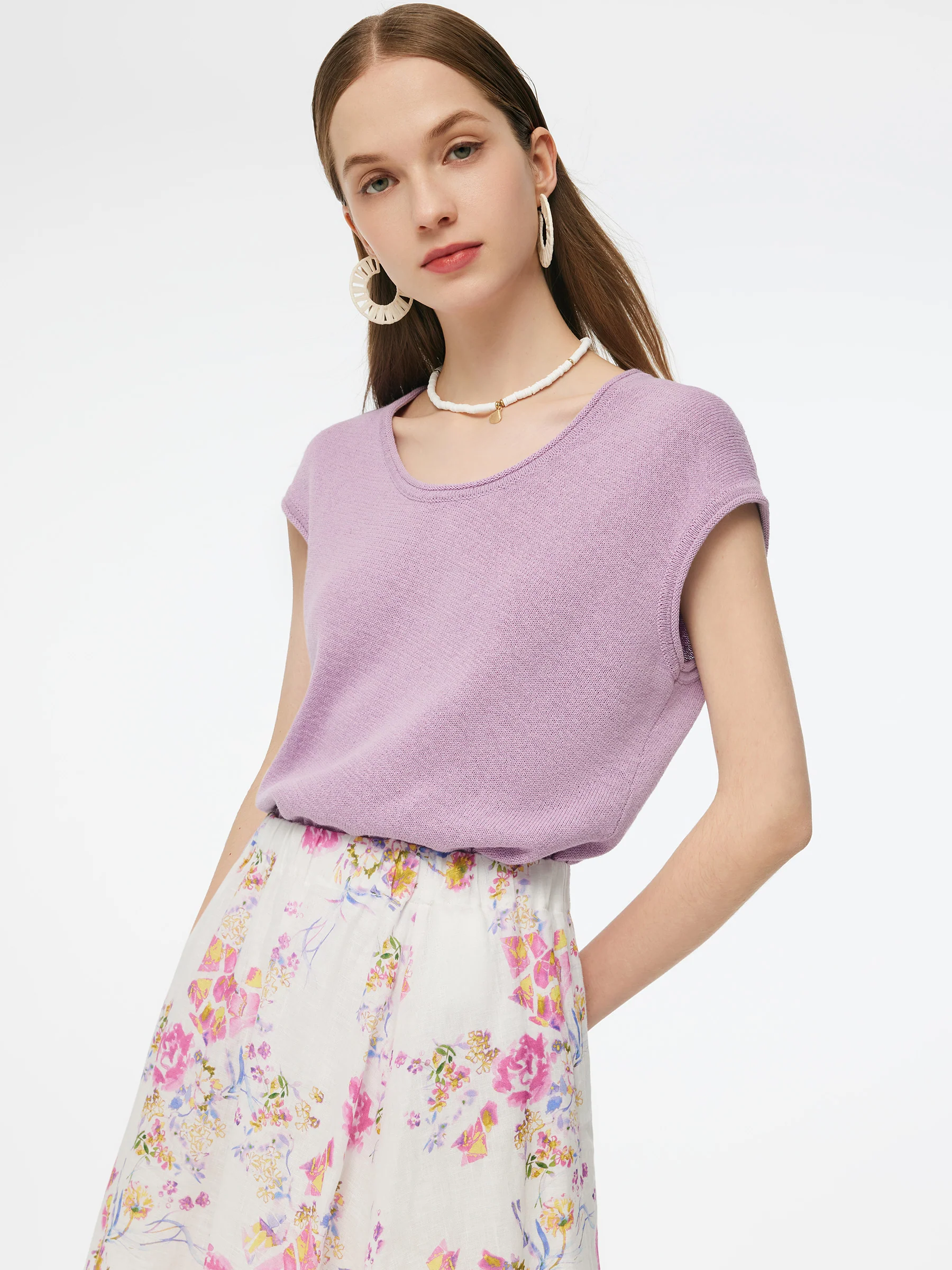 Linen Cotton Blend Asymmetric Hem Women Knit Top - Image 5