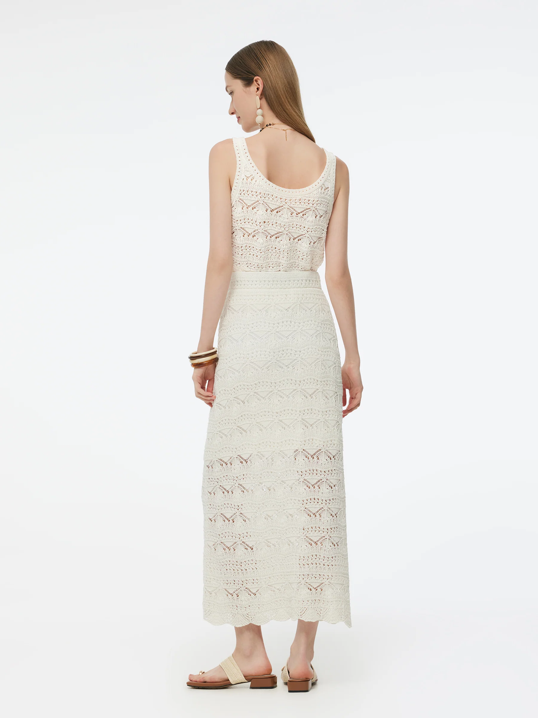 Linen Cotton Blend Women Side Slit Openwork Skirt - Image 3