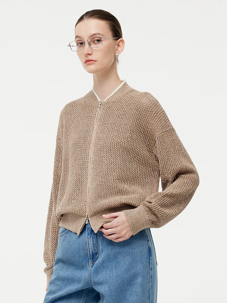 Linen Openwork Sequins Zip-Up Women Jacket