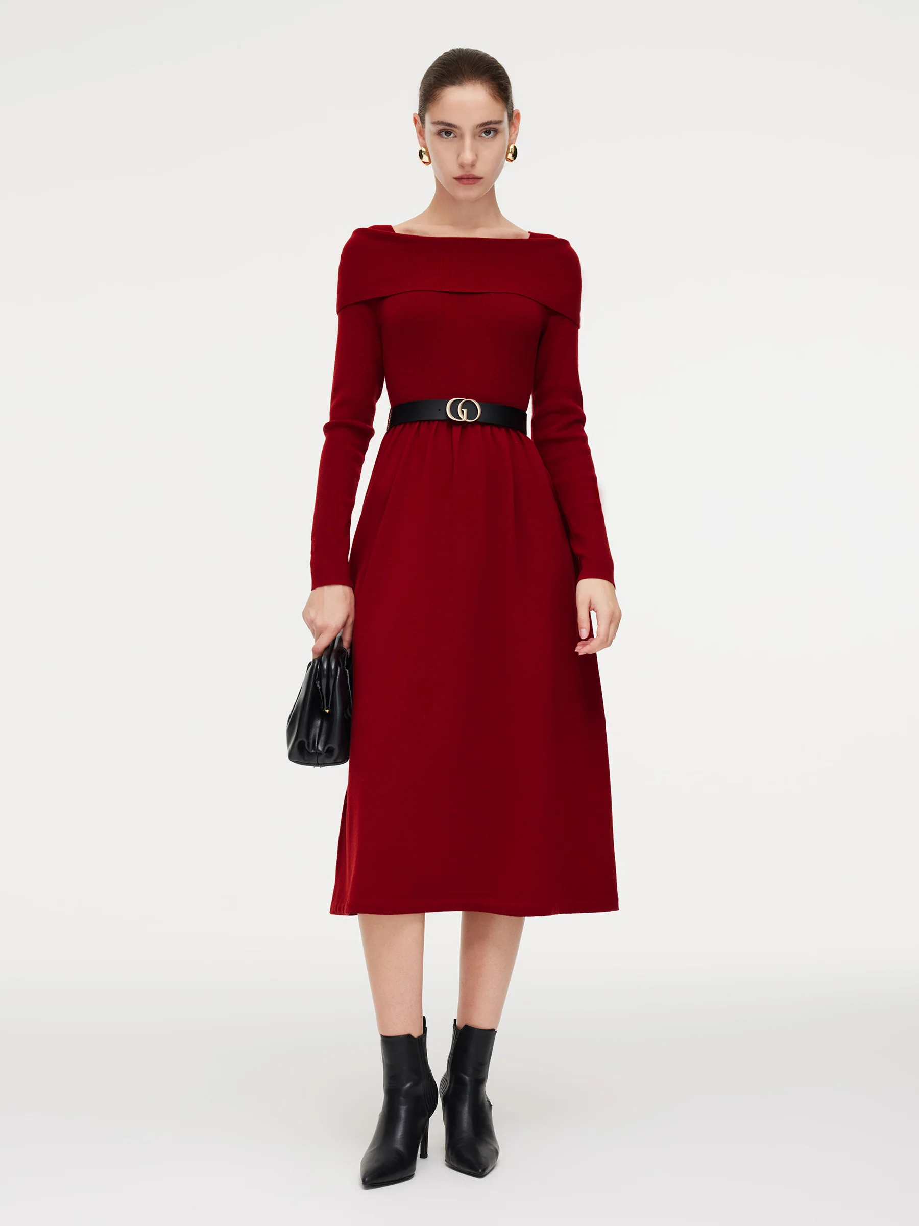 Tencel Wool Blend Boat Neck Women Knit Maxi Dress With Leather Belt - Image 13