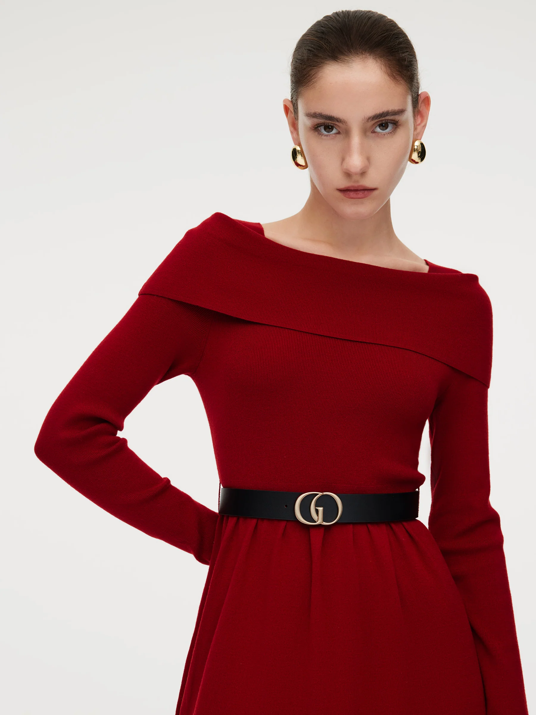 Tencel Wool Blend Boat Neck Women Knit Maxi Dress With Leather Belt - Image 16