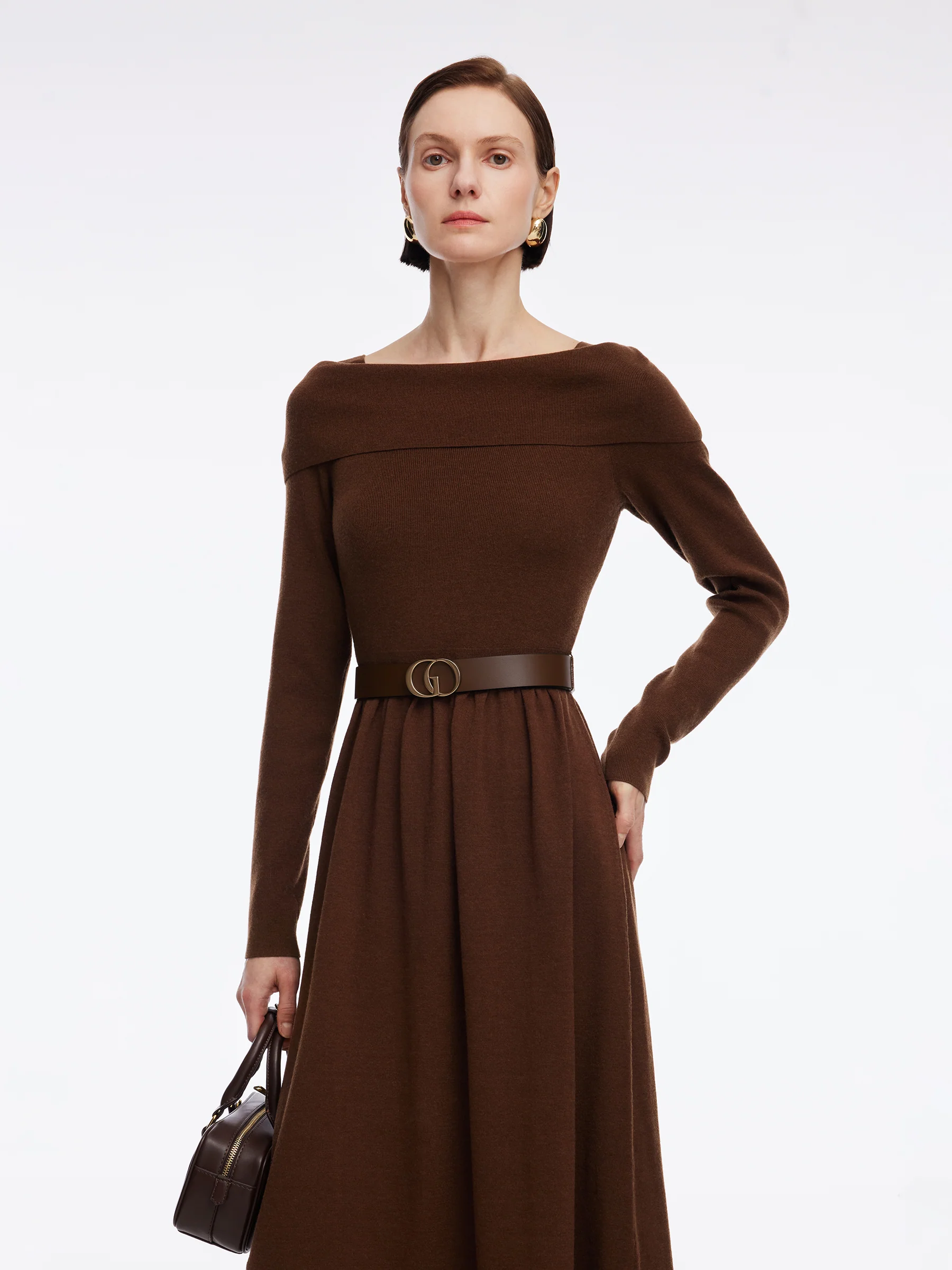 Tencel Wool Blend Boat Neck Women Knit Maxi Dress With Leather Belt - Image 5