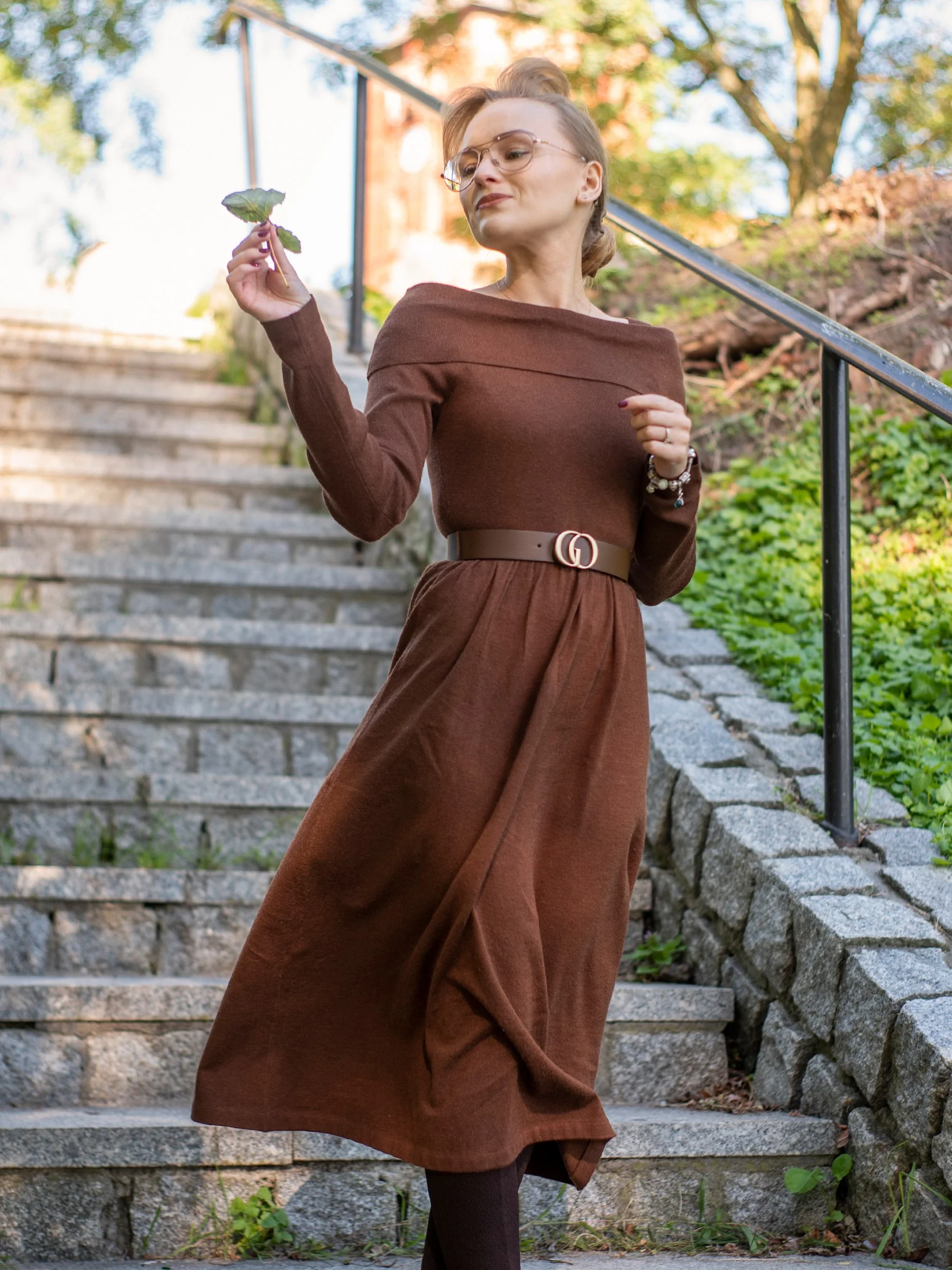Tencel Wool Blend Boat Neck Women Knit Maxi Dress With Leather Belt - Image 8
