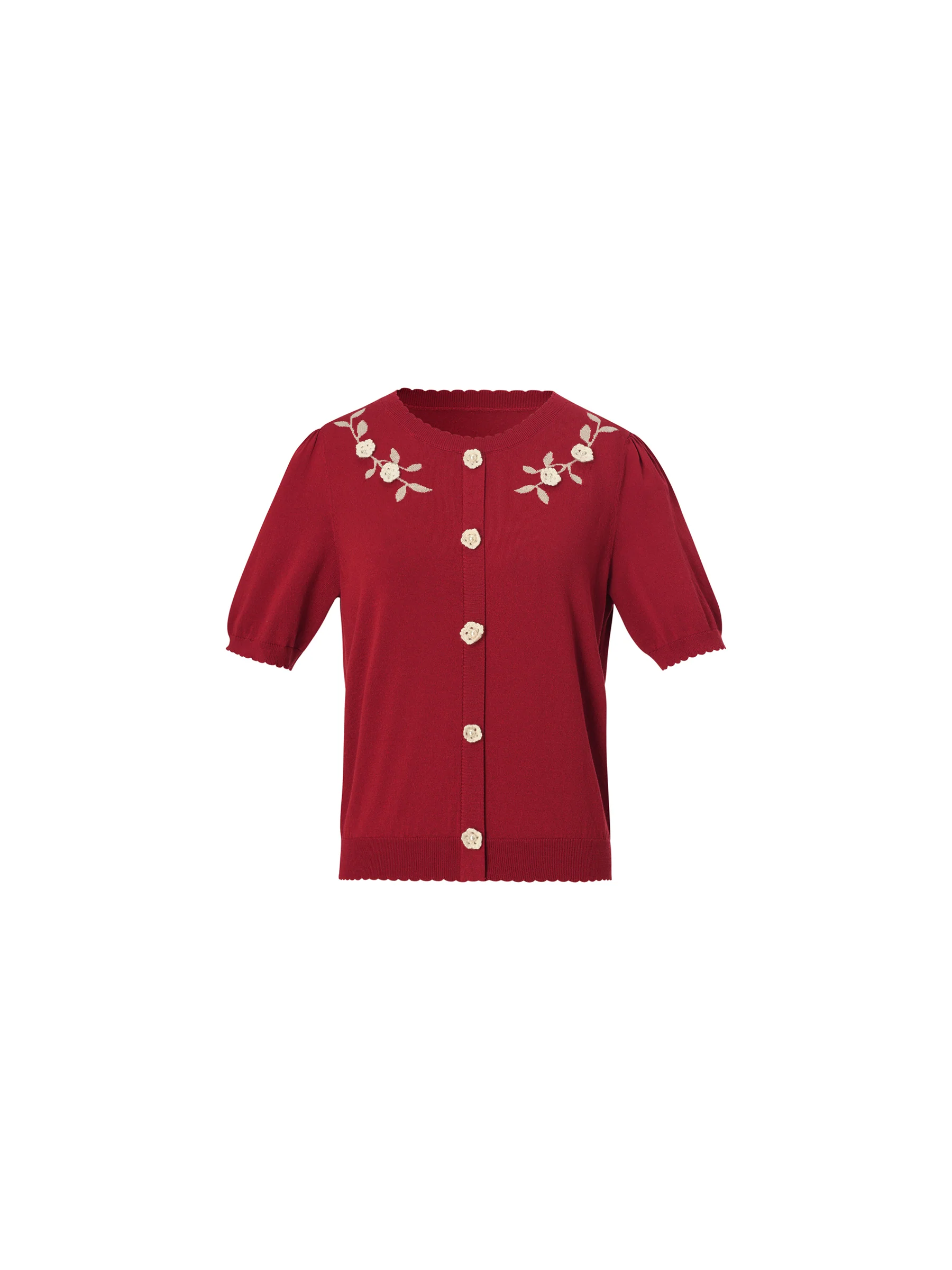 Lyocell Blend Jacquard Women Knit Top With Detachable Knit Flowers - Image 8