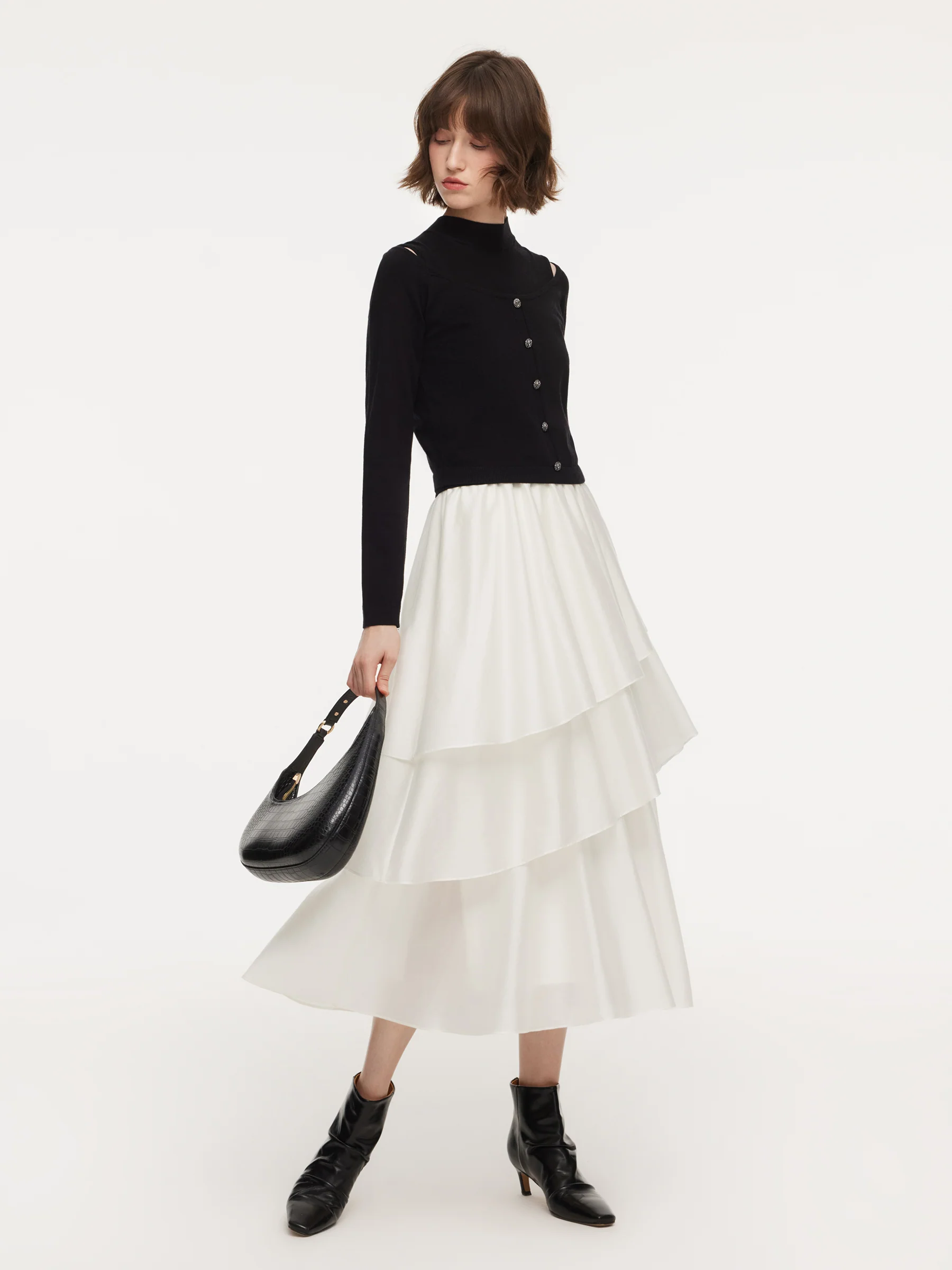 Lyocell Wool Blend Off Shoulder Knit Top And Sleeveless Tiered Dress Two-Piece Set - Image 2
