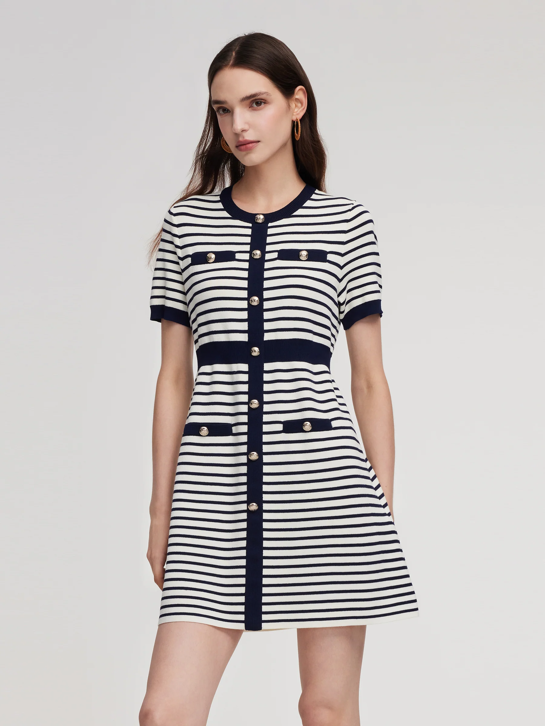 Lyocell Blend Stripe Gathered Waist Women Knit Mini Dress
